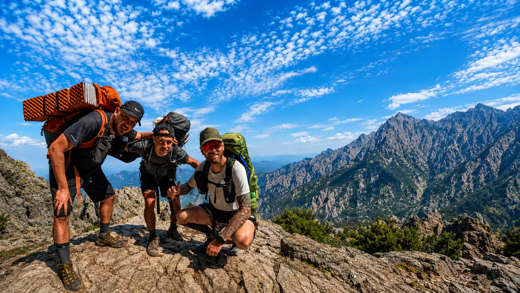Randonneurs sur le GR20 entre Calenzana et Conca, en pleine montagne corse